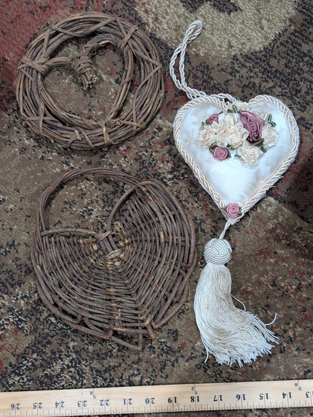 Decorative Heart Tassel Pillow Decor And 2 Wicker Hearts Decor